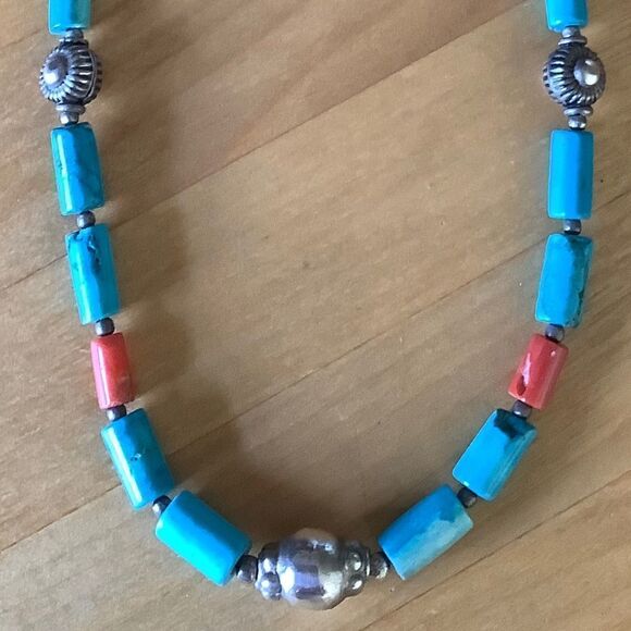 NWOTsterling SILVER 925 VINTAGE TURQUOISE/LAPIS/CORAL SILVER BEADS NECKLACE - Picture 2 of 6